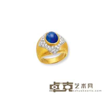 约20世纪中期 蓝宝石钻石手工拉丝双色金戒指 