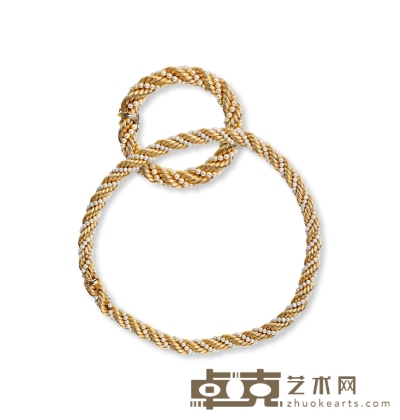 约1960年 黄金绞丝珍珠珠宝手链项链套装 