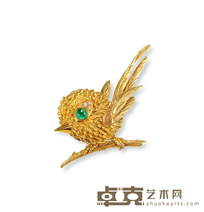 18k金镶祖母绿鸟儿胸针