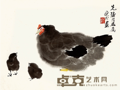 邱受成 子母鸡图 34.5×46cm