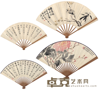 朱葆慈 花鸟书法扇 49×18cm 50×18cm