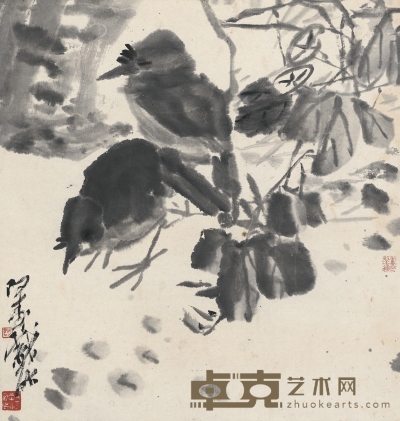潘天寿  花荫双禽图 44×42cm