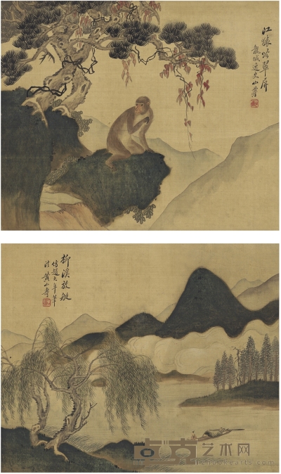 黄山寿 江猿吟翠图·柳溪放艇图 37.5×31cm×2