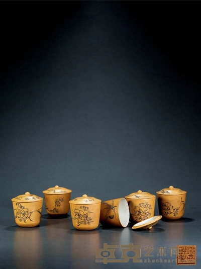 民国·玉屏刻铁画轩款段泥盖杯一组六件 高9.5cm 口径8.1cm(6件)