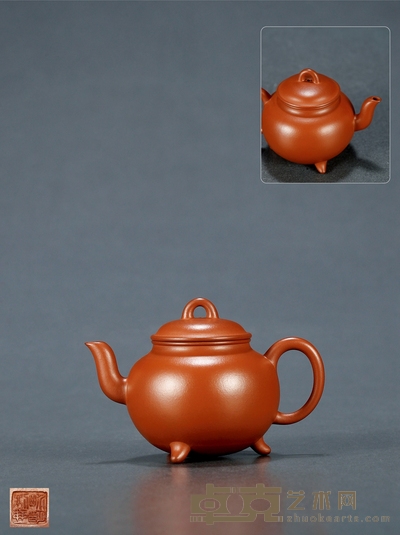 当代·吴界明制朱泥三足水平壶 高7.2cm 长10.2cm