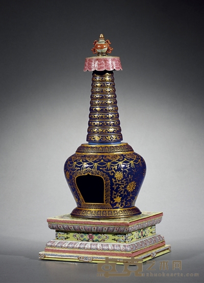 清乾隆·霁蓝描金缠枝莲纹佛塔 高:32.5cm