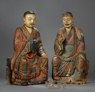 明·木胎漆彩罗汉坐像一对 高:60cm