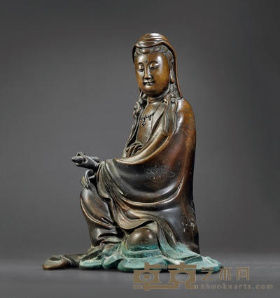 清·铜错银石叟款书卷观音 高:30cm