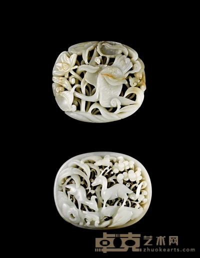 元·白玉雕春水、秋山图瓦子一对 尺寸:99×80×21mm 96×84×19mm