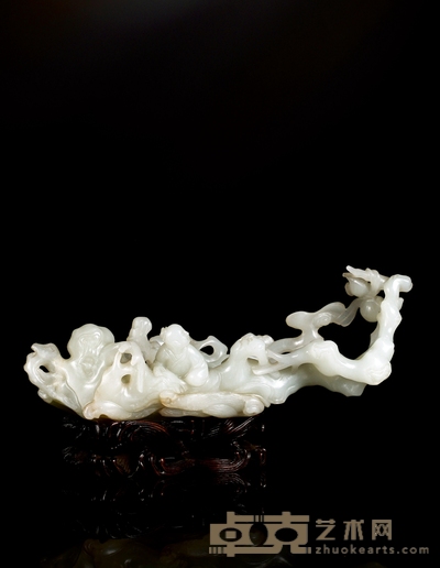 清·白玉雕仙人乘槎摆件 尺寸:200×63×88mm 带座高105mm