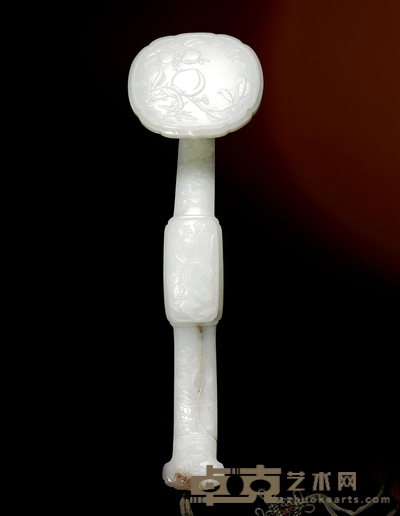 清·白玉雕福寿双全纹如意 尺寸:405×118×62mm