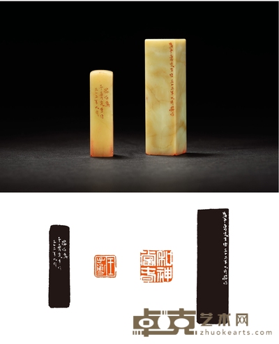 唐醉石刻青田石章二方 1.4×1.4×5.4cm 2×2×7.3cm