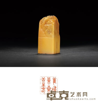 清·寿山黄芙蓉石山水纹章 3.1×3.1×6.8cm