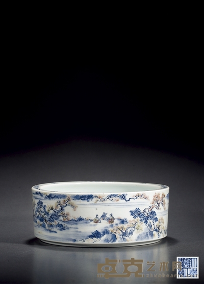 清·青花釉裡红山水图笔洗 高：8.2cm 直径：21.1cm