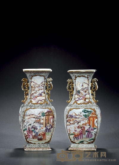 清乾隆·广彩锦地开光人物故事图瓶(一对) 高:27.8cm 直径:12.5cm 数量:2