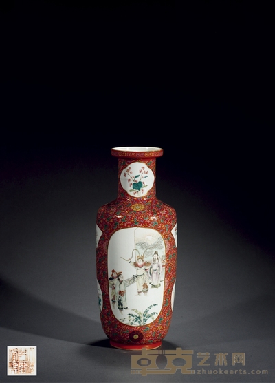 清·珊瑚红地开光粉彩人物故事图棒槌瓶 高:44cm 直径:17.5cm