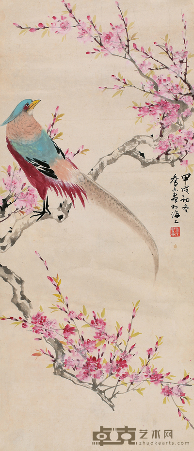 乔木 桃花锦鸡图 82*35