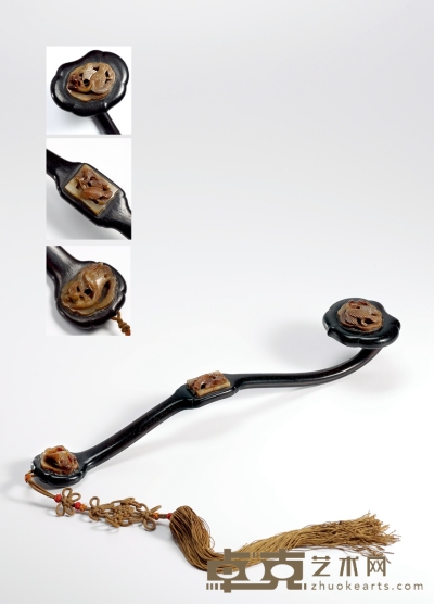 清中期·紫檀三镶白玉镂雕春水纹带饰如意 长：36.5cm