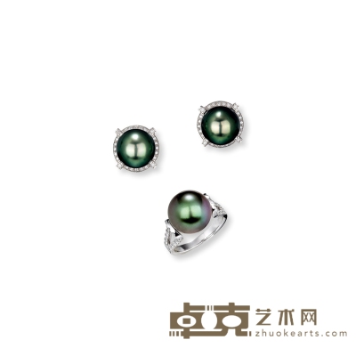 海水大溪地孔雀绿黑珍珠戒指耳钉套组 戒指圈口13