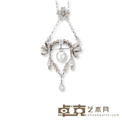 爱德华时期（1901-1910年） 双色金镶钻石配珍珠吊坠 尺寸约7.8mm×9.6mm