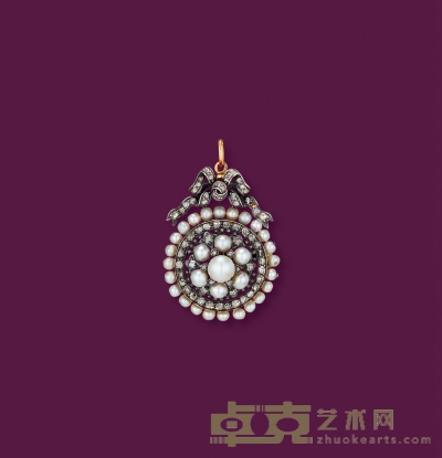 维多利亚时期（1837-1861年）天然野生珍珠配钻石吊坠 链长450mm
吊坠长34.2mm，宽18mm
珍珠直径5.5mm