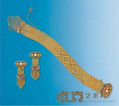 维多利亚时期（1837-1861年）金镶野生珍珠珐琅流苏滑环套装 