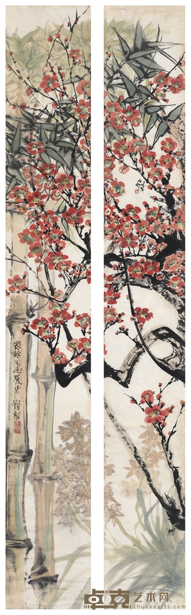 程十髪 为顾家干作 梅竹对屏 120.5×15.5cm×2