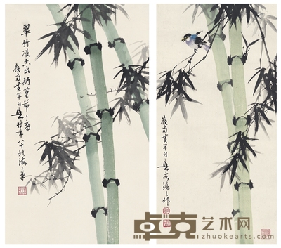 黄幻吾 竹禽图·翠竹图 66×33cm 84×50cm