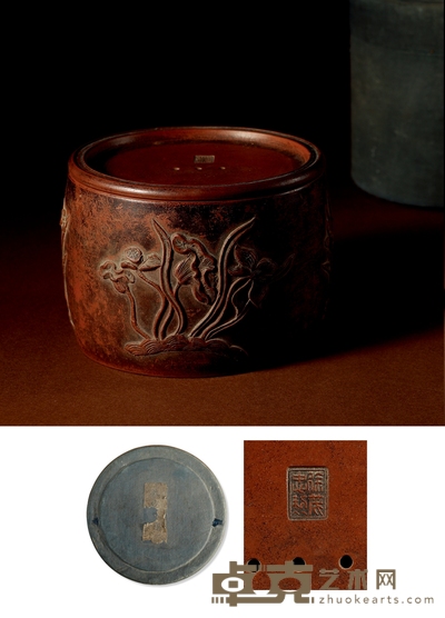 清•徐茂忠制款紫砂荷塘清趣图蟋蟀盆 通高:9cm 深:7.5cm 外径:12cm 内径:11cm
