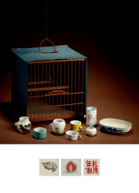 清•竹制鸟笼及各式鸟食罐一组十件