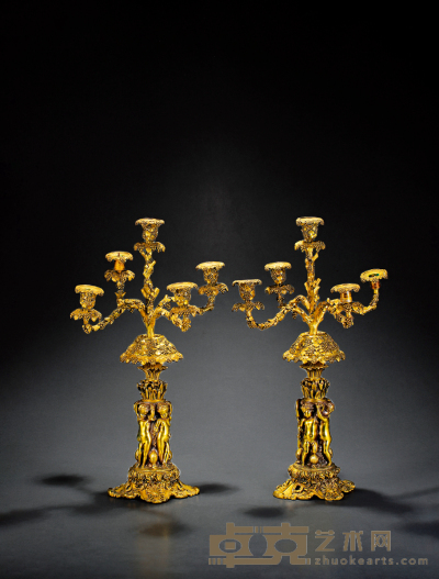 十九世纪制 天使硕果饰铜鎏金烛台一对 底部直径：20cm 底部直径：40cm 高：60cm