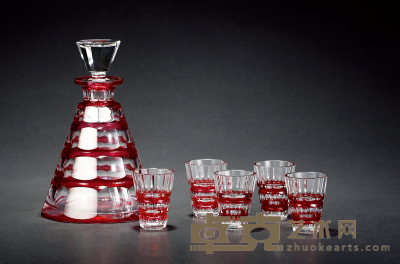 1950年制 圣朗博（VAL SAINT LAMBERT）圣诞缤纷系列水晶酒具六件套组 酒壶底径：15cm 高：23cm
酒杯口径：5cm 高：7cm