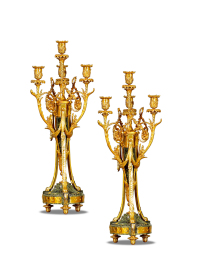 十九世纪制 铜鎏金理石镶嵌绸缦花叶饰烛台一对
