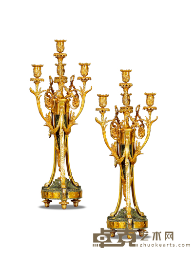 十九世纪制 铜鎏金理石镶嵌绸缦花叶饰烛台一对 长：23cm 宽：16cm 高：68cm