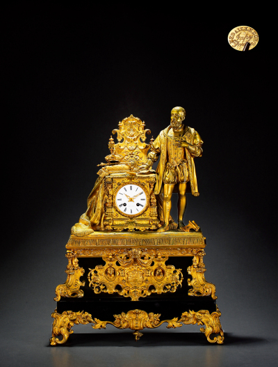 十九世纪制 杰皮弗雷斯（JAPY FRERES）查理大帝饰铜鎏金镶嵌黑理石座钟