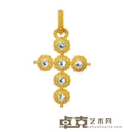 十九世纪制 乔治时期风格18K金镶嵌海蓝宝十字架造型吊坠（附原盒） 尺寸：6.5×3.8cm
重量：约6.12g