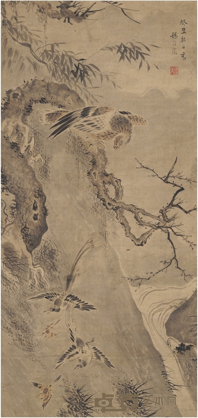 杨大临 鹰禽图 183×86cm