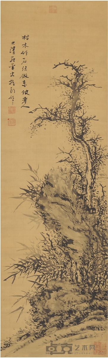 罗 清 指画竹石图 120×36.5cm