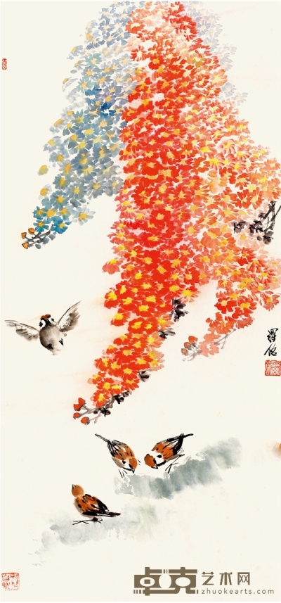 罗 铭 红叶小鸟图 96.5×45cm