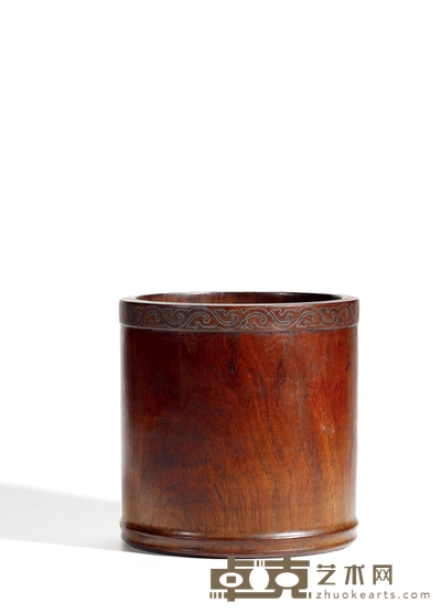 清·黄花梨嵌银丝卷草纹笔筒 高:16cm 口径:15.8cm