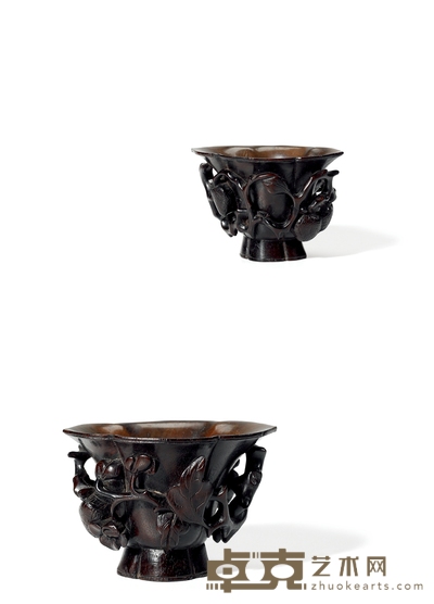 清·紫檀镂雕荔枝纹花口杯 高:7.4cm 口径长:10.5cm 宽:7.4cm