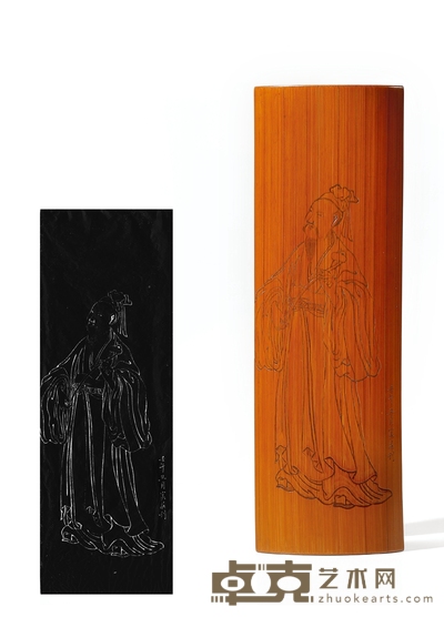 清·嚼雪庐旧藏容庄刻高士图竹臂搁 长：25cm 宽：8cm