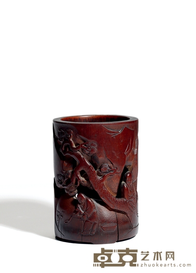 明末清初·竹雕松下高士笔筒 高:14.5cm 口径:10cm