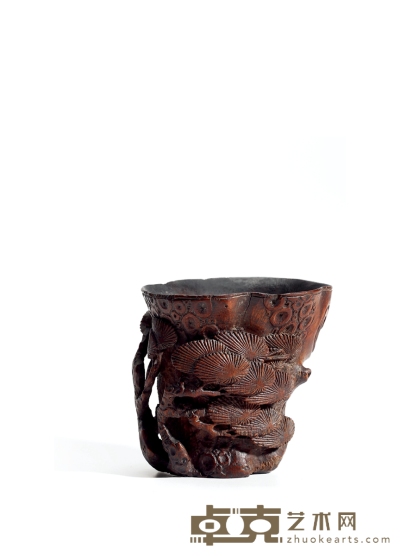 明·竹雕松石纹杯 高：8.3cm 通径：8.5cm
