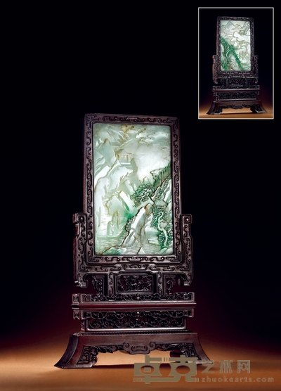 清·翡翠 浮雕山水亭台松石图插屏 高:45.7cm 长:28cm 宽:28cm