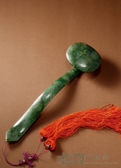 清·碧玉福寿万字纹如意摆件 长:23.5cm