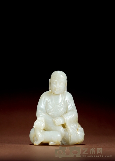 清·白玉罗汉戏犬坐像 高:12cm