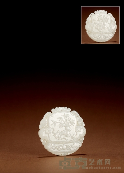清·白玉浮雕清供图牌 长:5.5cm 宽:5.3cm