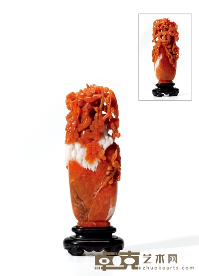 清·南红雕喜鹊登梅小瓶 带座高：16cm 高：13.5cm