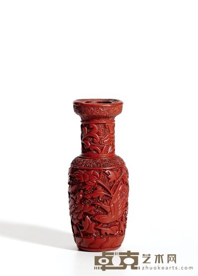 明·剔红雕牡丹凤鸟纹香插 高:10cm